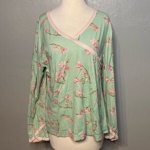 Garnet Hill Pajama Top Long Sleeve Organic Cotton Mint Green Pink L